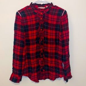 Medium Soft Surroundings Black/Red Plaid Button Down Ruffle Long Sleeve Shirt